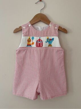 VELANI EUC Hand Smocked Circus Theme Red Striped Seersucker Jon Jon